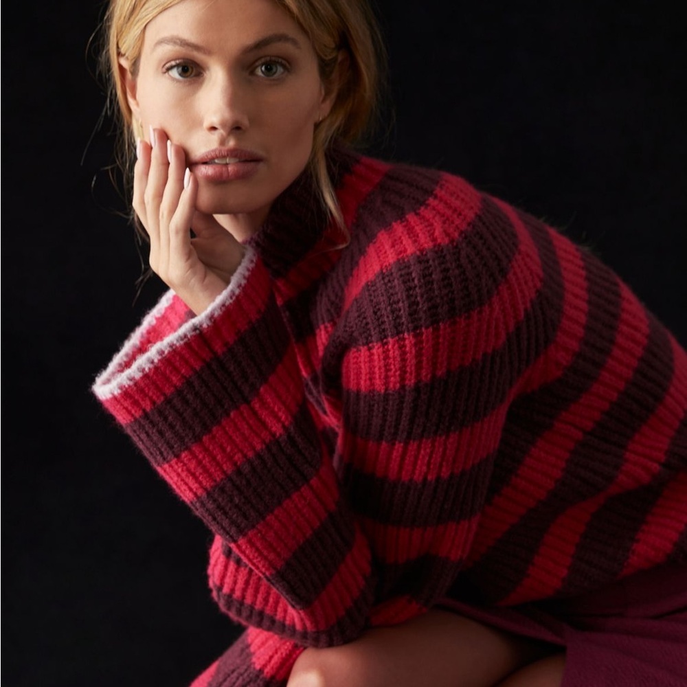 Maeve by Anthropologie Pink and Burgundy Striped Turtleneck Sweater